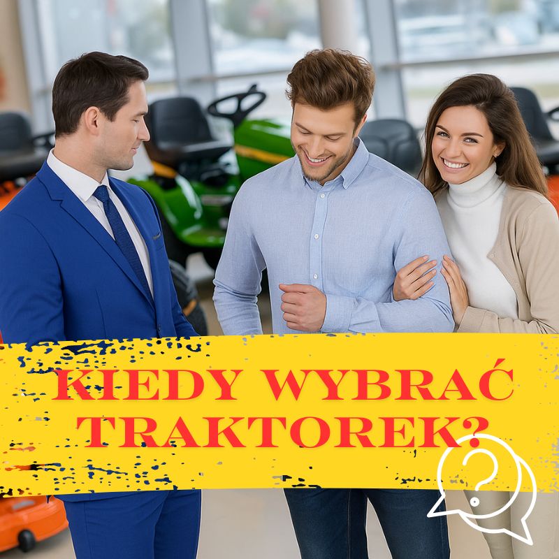 Sprzedawca w salonie prezentuje ofertę traktorków ogrodowych parze klientów – rozmowa o wyborze między kosiarką a traktorkiem ogrodowym.